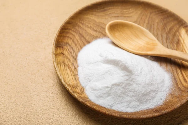 Plate Baking Soda Spoon Beige Background Closeup — Stock Photo, Image