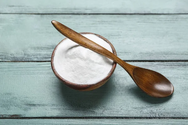 Bowl Baking Soda Spoon Color Wooden Background — Foto de Stock