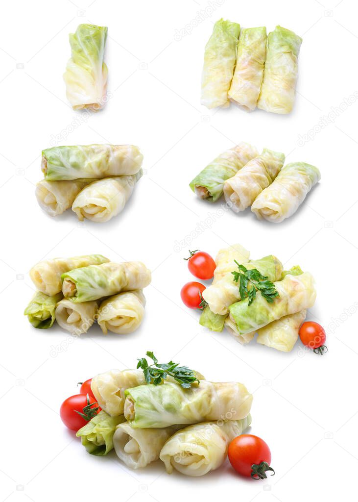 Set of uncooked cabbage rolls on white background