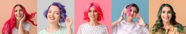 Renkli arka planda sıra dışı saçları olan bir grup güzel kadın.