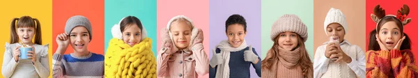 Molti Bambini Piccoli Abiti Invernali Sfondo Colorato — Foto Stock