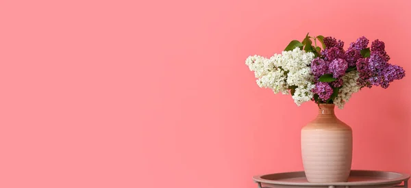 Vase Bouquet Beautiful Lilac Table Pink Background Space Text — Foto Stock