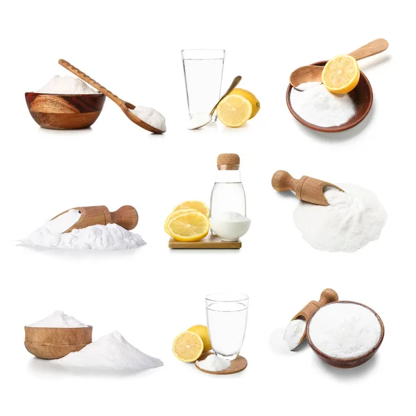 Collage Baking Soda Lemons Water White Background — Stock Fotó