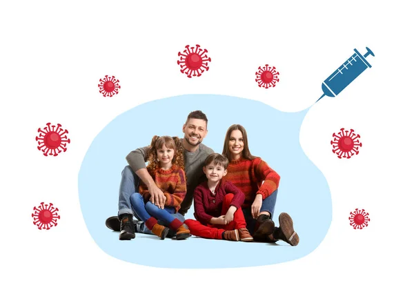 Healthy Family Drawn Syringe Viruses White Background Concept Strong Immunity — Stock Photo, Image