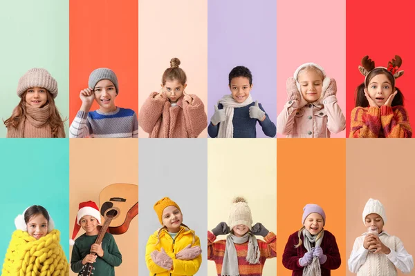 Collage Con Muchos Niños Ropa Invierno Sobre Fondo Colorido — Foto de Stock