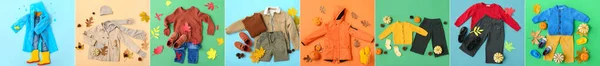 Set Autumn Children Clothes Color Background Top View — 스톡 사진