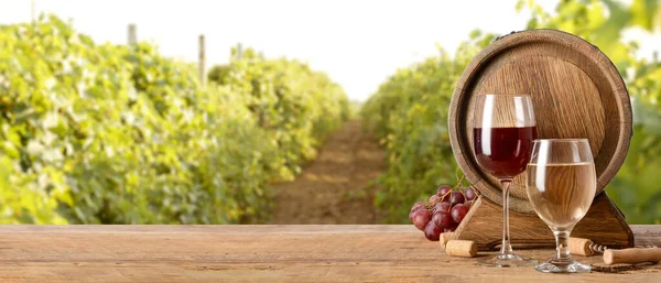 Wooden Barrel Glasses Wine Table Vineyard —  Fotos de Stock