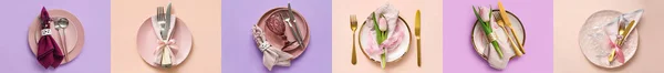 Collage Different Table Settings Pink Colors Top View —  Fotos de Stock