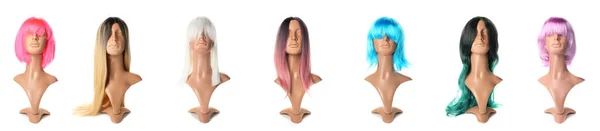 Set Mannequins Different Bright Wigs Women Isolated White — Stok fotoğraf