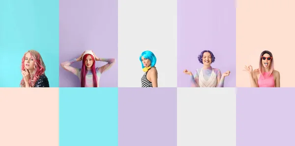 Uppsättning Vackra Kvinnor Med Ovanligt Hår Färgglada Bakgrund — Stockfoto
