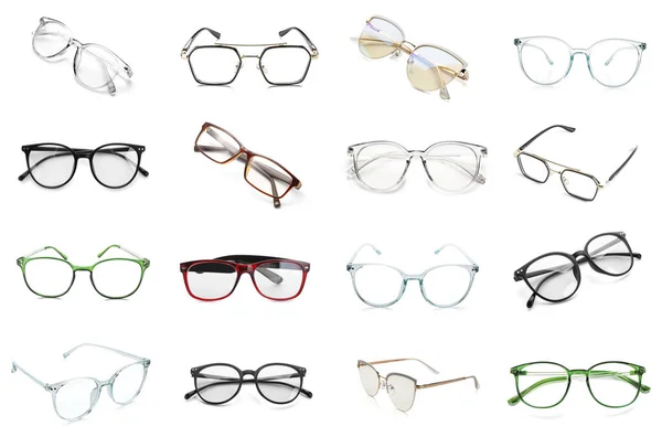 Zestaw Wielu Różnych Okularów Odizolowanych Biało — Zdjęcie stockowe