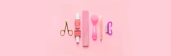 Set Manicure Supplies Pink Background Top View — стоковое фото