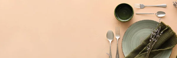 Simple Table Setting Beige Background Space Text Top View — Photo