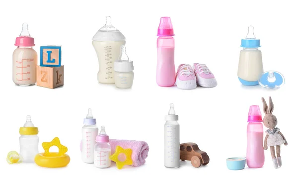 Set Bottles Baby Toys Isolated White — Stock Photo, Image