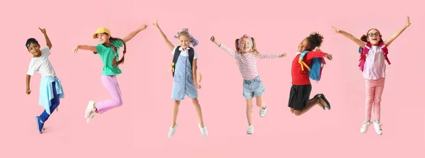 Set Happy Little Children Pink Background — стоковое фото