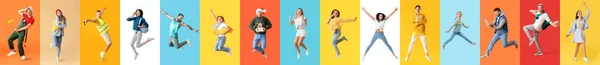 Set Van Verschillende Vrolijke Springende Mensen Kleurrijke Achtergrond — Stockfoto