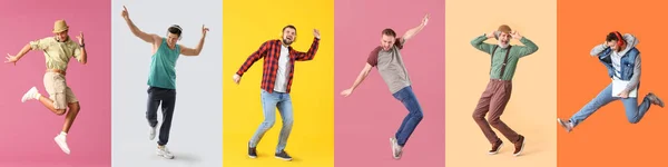 Conjunto Homens Felizes Pulando Dançando Fundo Colorido — Fotografia de Stock