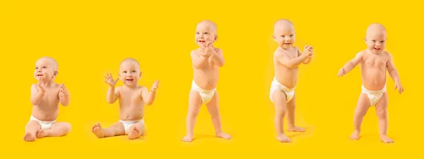 Set Cute Happy Baby Yellow Background — Stock Photo, Image