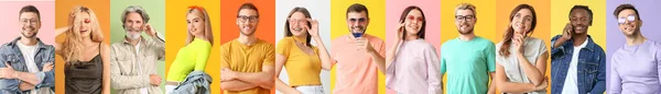 Colagem Com Muitas Pessoas Felizes Fundo Colorido — Fotografia de Stock