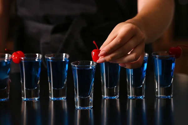 Female Bartender Making Tasty Shot Cocktails Bar Closeup — Foto de Stock