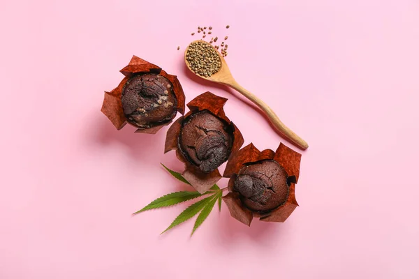 Chocolate Hemp Muffins Spoon Seeds Pink Background — Stock Photo, Image