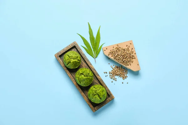 Board Cannabis Muffins Seeds Color Background — Stock Photo, Image