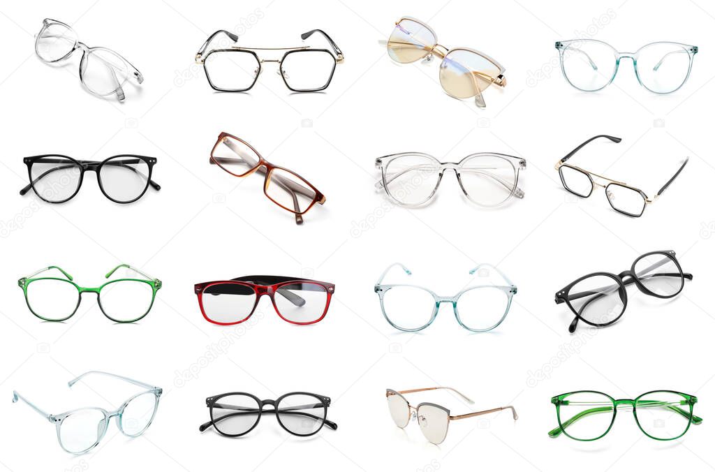 Set of many different eyeglasses isolated on white