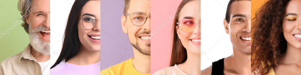 Collage with many happy people on colorful background