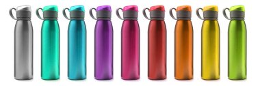 Beyaza izole edilmiş renkli spor su şişeleri.  