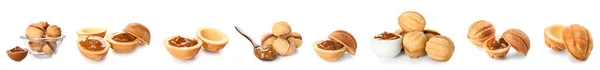 Conjunto Saborosos Biscoitos Forma Noz Com Leite Condensado Fervido Fundo — Fotografia de Stock