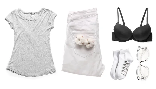Set Stylish Modern Clothes Women Isolated White — Foto de Stock