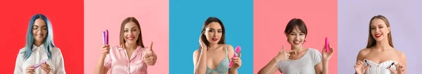 Conjunto Mulheres Jovens Com Diferentes Brinquedos Sexuais Fundo Colorido — Fotografia de Stock