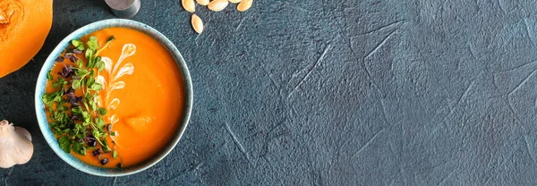 Bowl Delicious Pumpkin Cream Soup Dark Background Space Text — Foto de Stock