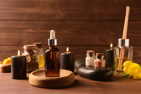 Bottle Essential Oil Spa Accessories Wooden Table — Stock Photo, Image