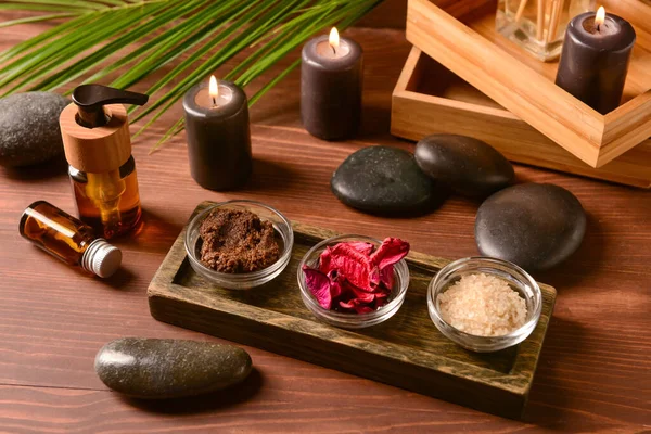 Beautiful Spa Composition Cosmetics Accessories Wooden Background — 스톡 사진