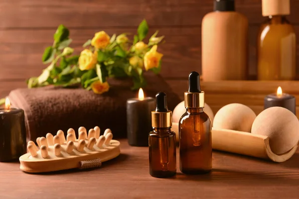 Bottles Essential Oil Spa Accessories Wooden Table — Stock Photo, Image