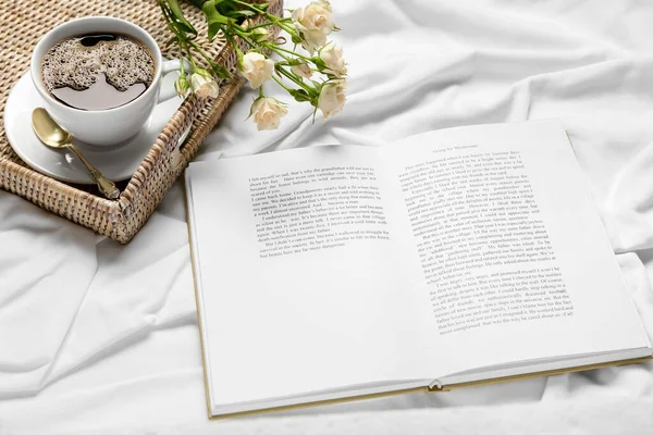 Opened Book Tray Cup Coffee Flowers Bed — Stock Photo, Image