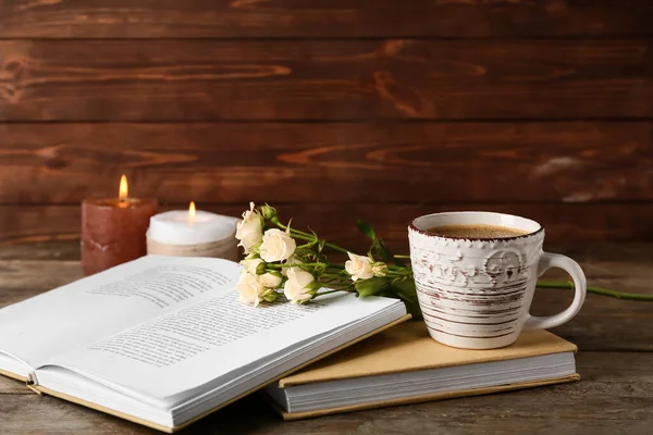 Cup Coffee Books Flowers Burning Candles Wooden Table — Stock Photo, Image