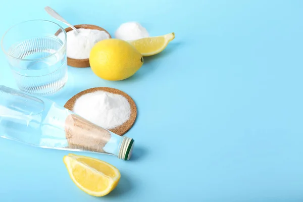 Bottle Water Baking Soda Ripe Lemon Color Background — Stock Photo, Image