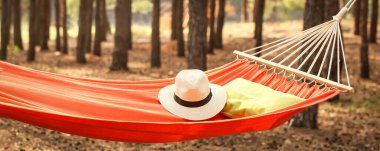 Yaz günü hamakta şapka ve yastık.