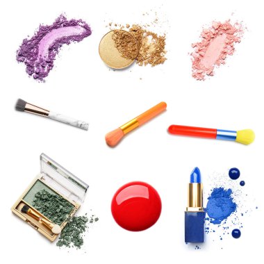 Set of cosmetics and makeup brushes isolated on white