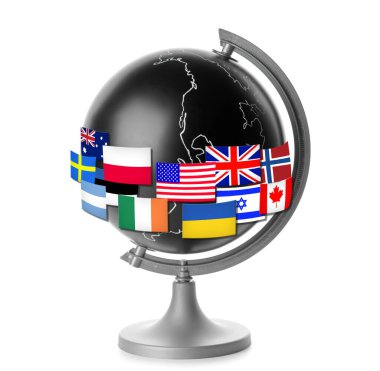 Globe and different flags isolated on white