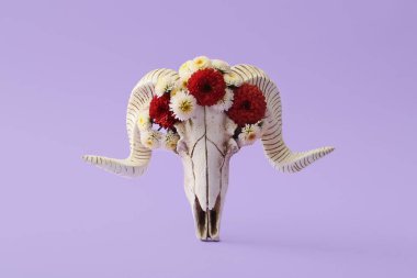 Mor arka planda çiçekli koyun kafatası