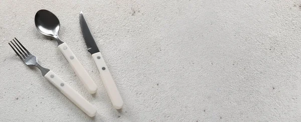 Açık arkaplanda gümüş çatal bıçak seti ve metin için boşluk