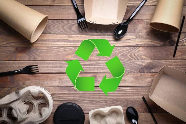 Different Garbage Symbol Recycling Wooden Background — Stock Photo, Image