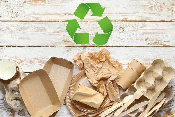 Different Garbage Symbol Recycling White Wooden Background — ストック写真