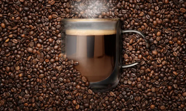 Glass Cup Hot Coffee Roasted Beans — Stockfoto