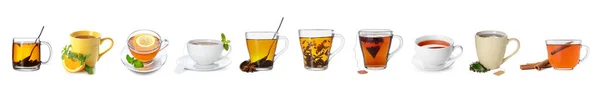 Set Cups Hot Tea Isolated White — Zdjęcie stockowe
