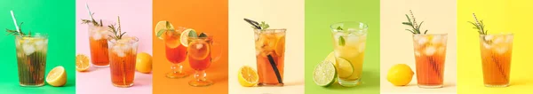 Set Glassware Cold Black Tea Colorful Background — Fotografia de Stock