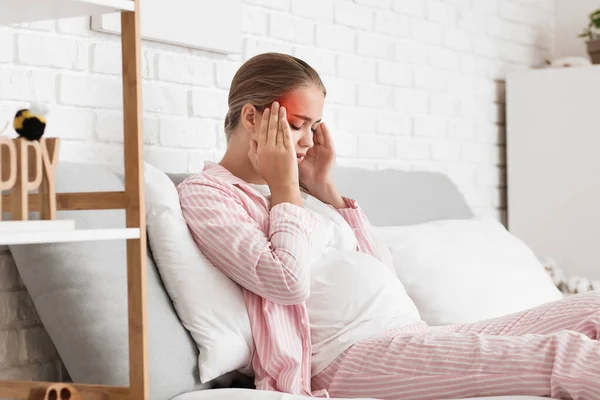 Young Pregnant Woman Headache Sitting Bed Home — Stock Photo, Image